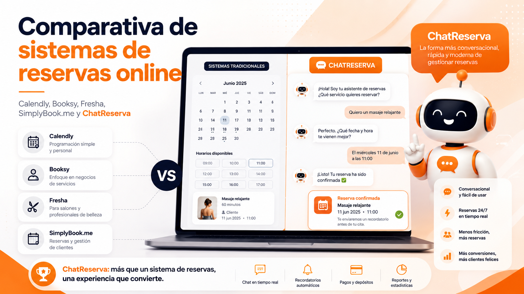 Comparativa visual de varios sistemas de reservas online frente a ChatReserva, mostrando la diferencia entre una agenda tradicional y un asistente virtual que responde preguntas y
